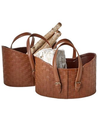 Two's Company Set Of 2 Genuine Leather Basketweave Storage Baskets