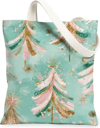 Generic Christmas Tree Canvas Tote Bags, Winter Floral Reusable Grocery Bags, Vintage Lightweight Washable Shoulder Strap Canvas Fo, Mint, 13x15 Inch
