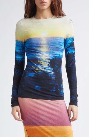 Paco Rabanne Crystal Embellished Tropical Print Jersey Top in Big Tornado Blue/Yellow at Nordstrom, Size 10 Us