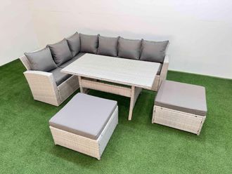 Fimous 8 Seater Rattan Garden Furniture Set with Dining Table Big Footstools in Light Grey