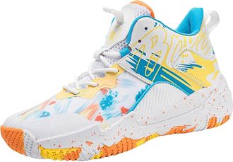 Generic Unisex Fashionable Basketball Shoes Lightweight Breathable Anti Slip Color Blocked Style Walking Shoes(Whiteorange,8.5 UK)