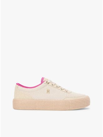 Tommy Hilfiger Womens Mixed-Texture Canvas Platform Sneaker - Beige - US 6.5 / EU 37