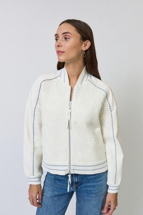 Central Park West Ophelia Faux Leather X Crochet Bomber Jacket in Bone at Nordstrom, Size X-Large
