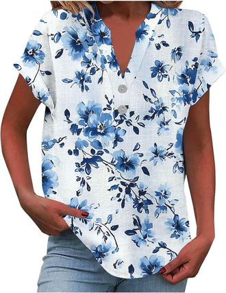 Generic Linen Tops for Women UK Button Short Sleeve V Neck Tops Dressy Casual Hawaiian Shirts Cotton Linen Workout Holiday Tunic Blouses Loose Floral Boho Top
