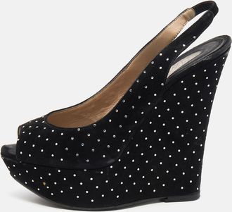 Le Silla Black Suede Crystal Embellished Wedge Platform Slingback Sandals