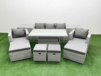 Fimous 10 PCs Rising Dining Table Set Rattan Furniture Set with 3 Seater Sofa in Light Grey