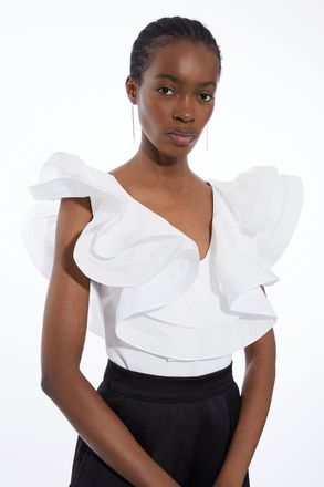 Karen Millen Womens Cotton Ruffle Detail Bodysuit - White Viscose - Size X-Small