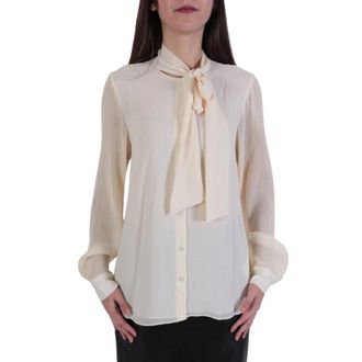Michael Kors Overhemden, Dames, Beige, L, Blouse met Strik en Geplooide Mouwen