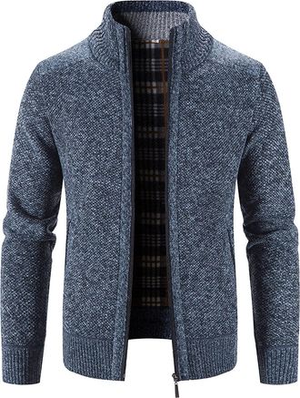 Generic Mens Classic Stand Collar Cable Knitted Cardigan Thick Sweater Zip Stand Collar Full Zip Long Sleeve Knitted Open Edge Thicker Cardigan Classic Style
