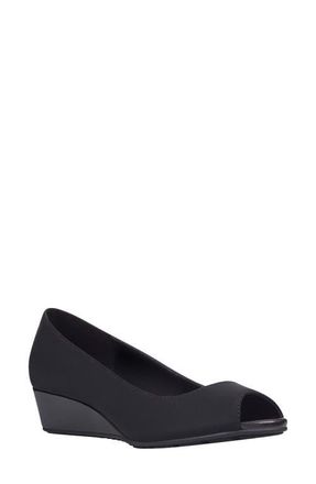Bandolino Peep Toe Wedge Pump in Black Fabric at Nordstrom, Size 6.5