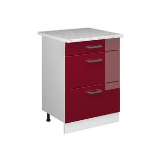 Vicco Mueble Bajo De Cocina R-line, Rojo Burdeos Alto Brillo, 60 Cm Con Cajones Y Encimera Vicco