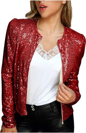 Generic Womens Sparkly Glitter Jackets Long Sleeve Open Front Sequined Blazer Cardigan Coat Glitter Disco Bomber Jacket Sequins Open Front Jacket Womens Shiny