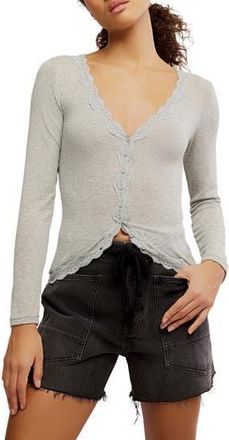 Free People Big Love Lace Trim Knit Button-Up Top in Heather Grey at Nordstrom Rack, Size X-Small