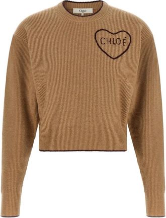 Chlo&eacute; Cropped Fitted Logo Sweater - Dames - Ronde hals truien - Beige - S - Wol - Truien & Vesten