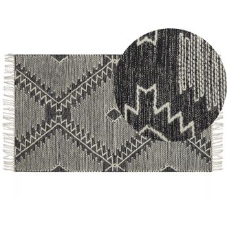 Beliani Alfombra De Algod&oacute;n Negro Blanco Crema 80 X 150 Cm Geom&eacute;trico Borlas Arbaa