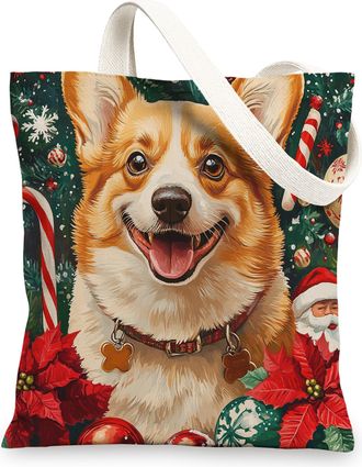 Generic Christmas Corgi Dog Canvas Tote Bag for Shopping 13x15, Xmas Candy Poinsettia Puppy Reusable Grocery Print Bag for Women Men, Holiday Pet Aesthetic Pa