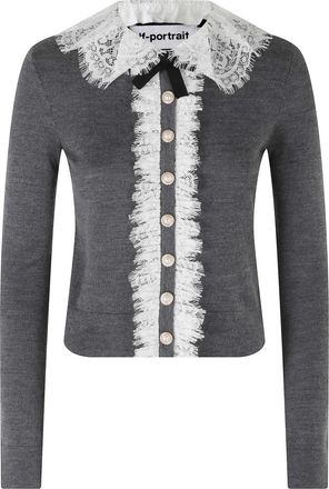 Self Portrait Gebreide Cardigan met kanten kraag - Dames - Vesten - Grijs - L - Wol - Truien & Vesten