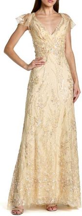 Mac Duggal Petite V Neck Flutter Sleeve Floral Embroidered Gown in Gold at Nordstrom, Size 14