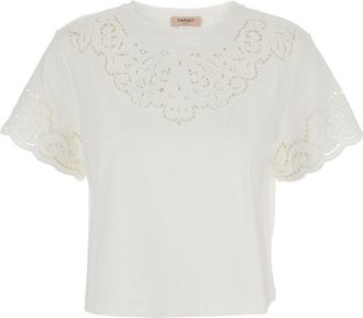 Twin-Set Cropped White Top with Intricate Lace Cut-Out Detailing