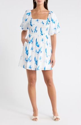 Sugarlips Hailie Bluebird Print Smocked Minidress in White Blue Combo at Nordstrom, Size X-Large