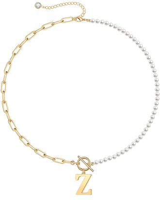 Rachel Glauber Rg 14K Gold Plated Initial Pearl Link Chain Necklace