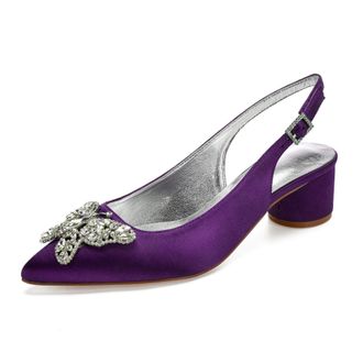 Generic Womens Chunky Heels Pointed Toe Wedding Shoes Satin Low Heels Elegant Bridal Slingback Party Evening Dress Shoes 4.5Cm,Dark Purple,5 UK
