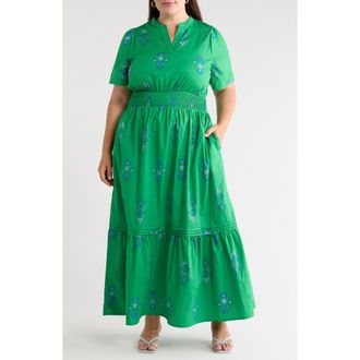 Sugarlips Halina Floral Smocked Waist Cotton Maxi Dress in Kelly/blues at Nordstrom, Size 2X