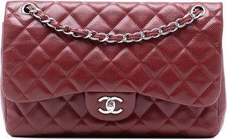 Chanel Pre-owned Womens Jumbo Classic Caviar Double Flap - Dark Red Leather - One Size