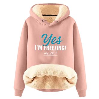 Generic Womens Pullover Hoodies Winter Oversized Warm Tops Womens Long Sleeve Letters Yes Im Freezing Printed Velvet Warm Hooded Sweatshirt Womens Thick Hoodi