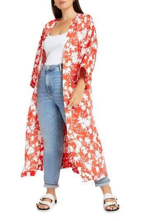 River Island Floral Print Duster Jacket in Red at Nordstrom Rack, Size 22 Us/ 26 Uk