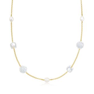 Ross-Simons Mother-Of-Pearl and 8-8.5mm Cultured Pearl Sea Life Necklace in 18kt Gold Over Sterling