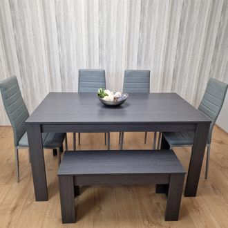 Kosy Koala Modern Dark Grey Dining Table Set with 4 Grey Metal Chairs & 1 Bench in Brown