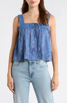 Lucky Brand Ditsy Floral Embroidered Lace Trim Swing Tank in Blue Floral at Nordstrom, Size Xx-Large