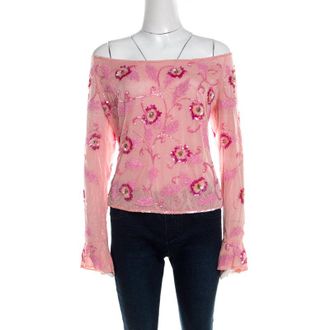 Escada Pink Tulle Overlay Floral Embellished Off Shoulder Blouse