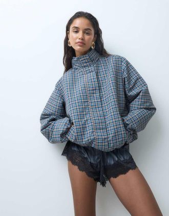Threadbare Giacca antipioggia marrone e blu a quadri con collo a imbuto e fondo elasticizzato-Multi