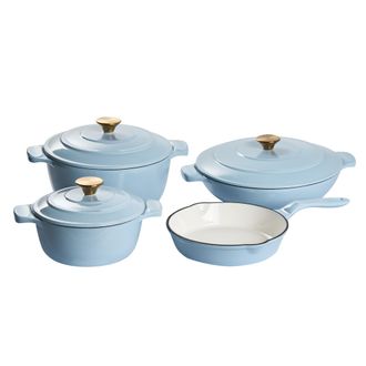 Beliani Bater&iacute;a De Cocina De 7 Piezas De Hierro Fundido Apto Para El Horno Compatible Con Todo Tipo De Placas Cocina Azul Claro Ferrano
