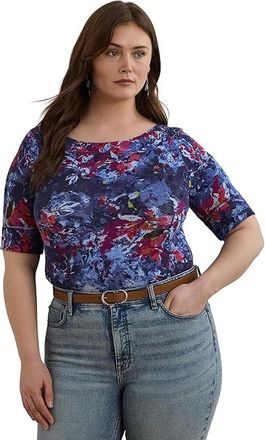 Lauren Ralph Lauren Plus Size Print Stretch Cotton Boatneck T-Shirts Womens Clothing Blue : 2X