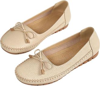 Generic Womens Orthopedic Leather Loafers Bowknot Slip-On Flats, Lightweight Anti-Slip Breathable Comfort Shoes for Wide Width (3.5,Apricot)