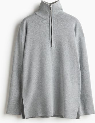 H&M Oversized Pullover mit kurzem Reissverschluss - Grau