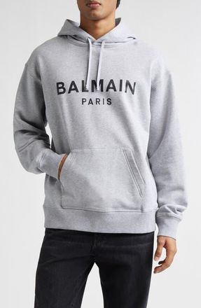 Balmain Logo Graphic Hoodie in Yeq Grey/Black at Nordstrom, Size Xxx-Large