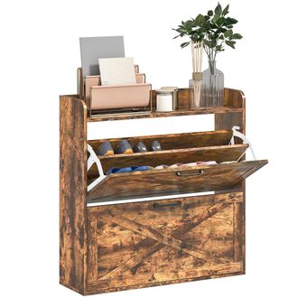 HOMCOM Narrow Shoe Cabinet Farmhouse Slim Shoe Storage Cabinet Rustic Brown | TJ Hughes