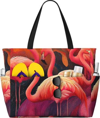 Generic Pink Flamingo Print Large Beach Bag Foldable Travel Shoulder Tote Bag With Pocket For Weekender Pool Vacation