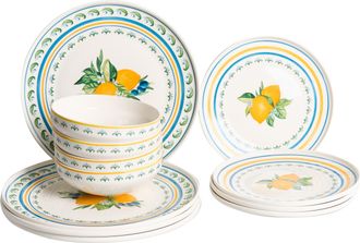 Beliani Vajilla De 12 Piezas De Porcelana Acabado Esmaltado Con Motivo De C&iacute;tricos Y Limones Para 4 Personas Comedor Cocina Blanco Y Verde Tarragon