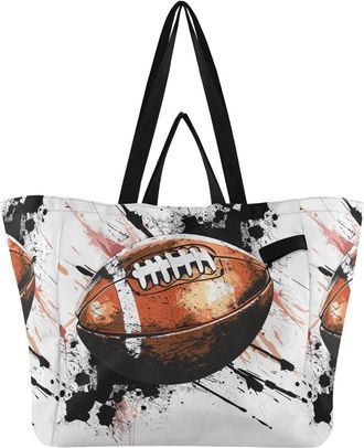Generic Football print Reusable Canvas Tote Bag, Heavy Duty Grocery Shopping Bag with Double Handles Hard Bottom Large Capacity Work Groceries Travel