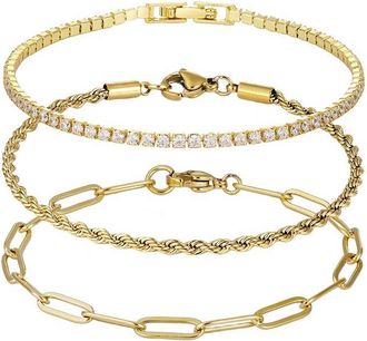 Adornia Adornia 18K Plated Stainless Steel Crystal Paperclip, Rope, & Tennis Bracelet Set