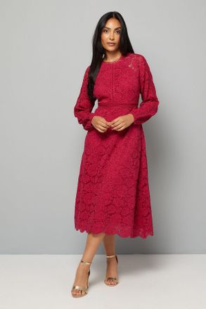 Wallis Womens Petite Lace Long Sleeve Fit & Flare Midi Dress - Pink Cotton - Size 18 UK