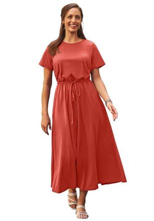 Jessica London Stretch Cotton Drawstring Maxi Dress in Burnt Red at Nordstrom, Size Medium