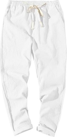 Generic Mens Cotton Linen Trousers Straight Leg Slim Fit Pants Drawstring Elastic Waist Joggers Bottoms Tapered Cropped Pants Japanese Style Loose Trousers Wh