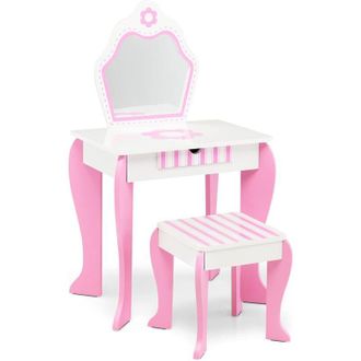Costway Costway - Set Toeletta per Bambini, Set di Tavolino da Trucco 2 in 1 per Bambini con Specchio e Cassetto, Scrivania con Piano Staccabile e Motivi