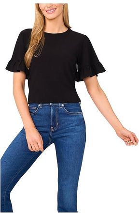 CeCe by Cynthia Steffe Short Sleeve Ruffle Detailed Knit Top Womens Clothing Rich Black : XS, Polyester/Spandex